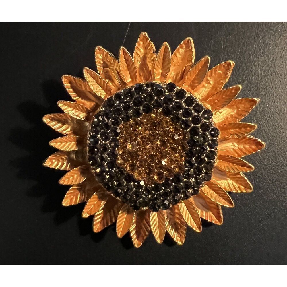 Flower Sunflower Marcasite &‎ Champagne Rhinestones Enamel Brooch Pin